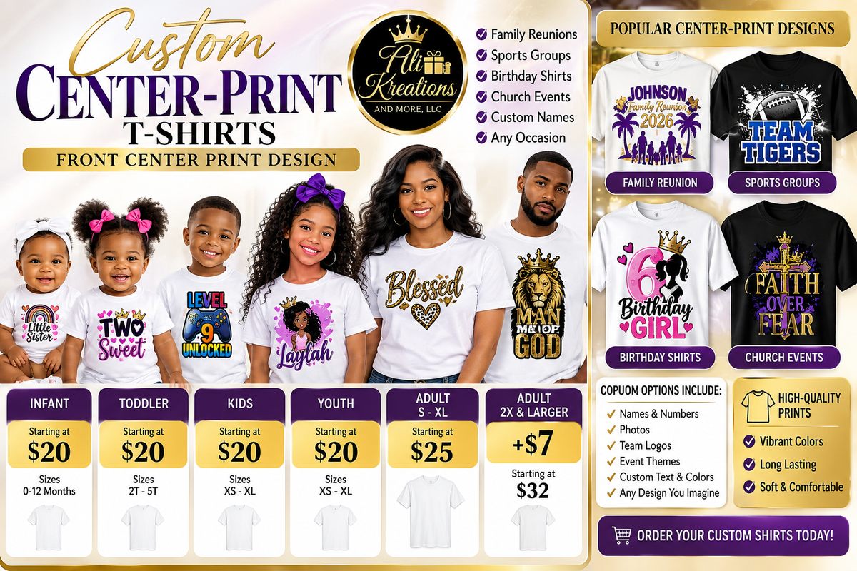 Ali Kreations and More custom center-print T-shirt mockup and pricing