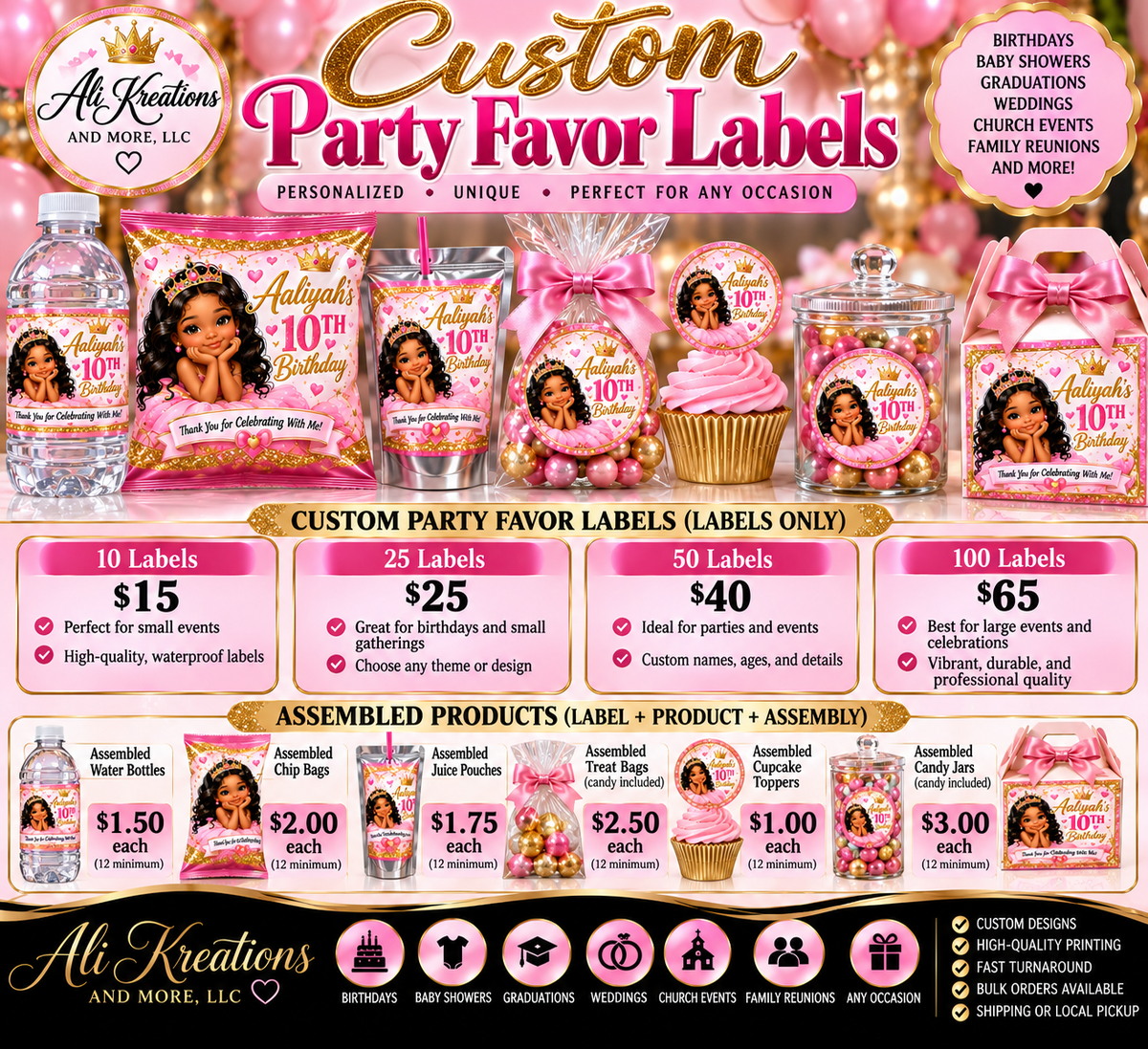 Custom Party Favor Labels with label-only and assembled product pricing