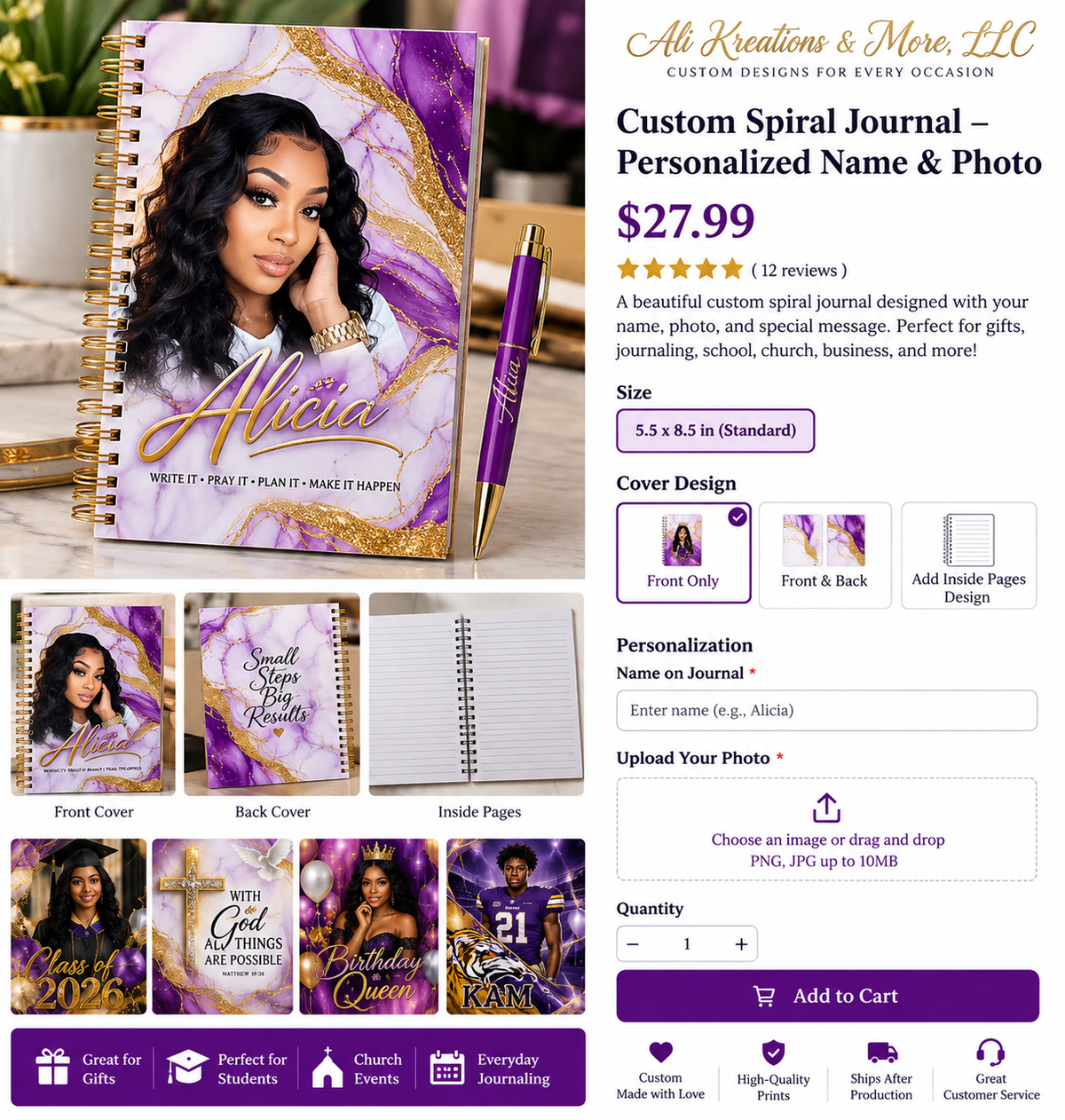 Purple, white, and gold personalized spiral journal product mockup for Ali Kreations & More