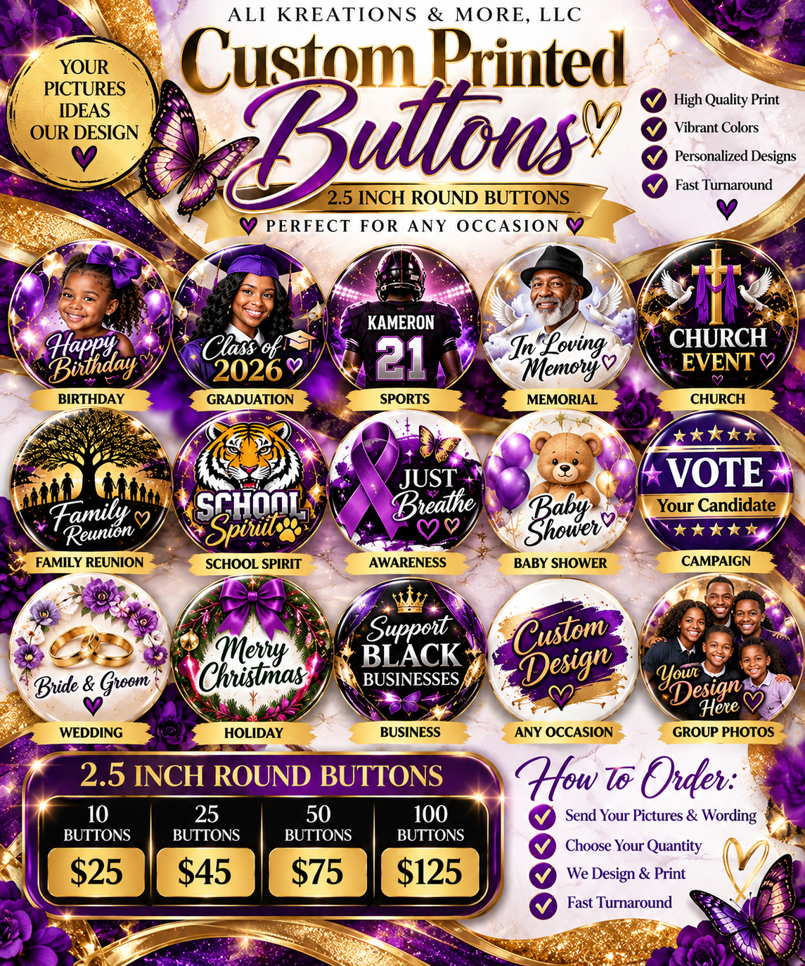 Ali Kreations & More custom 2.5-inch round buttons promotional flyer in purple, white, and gold
