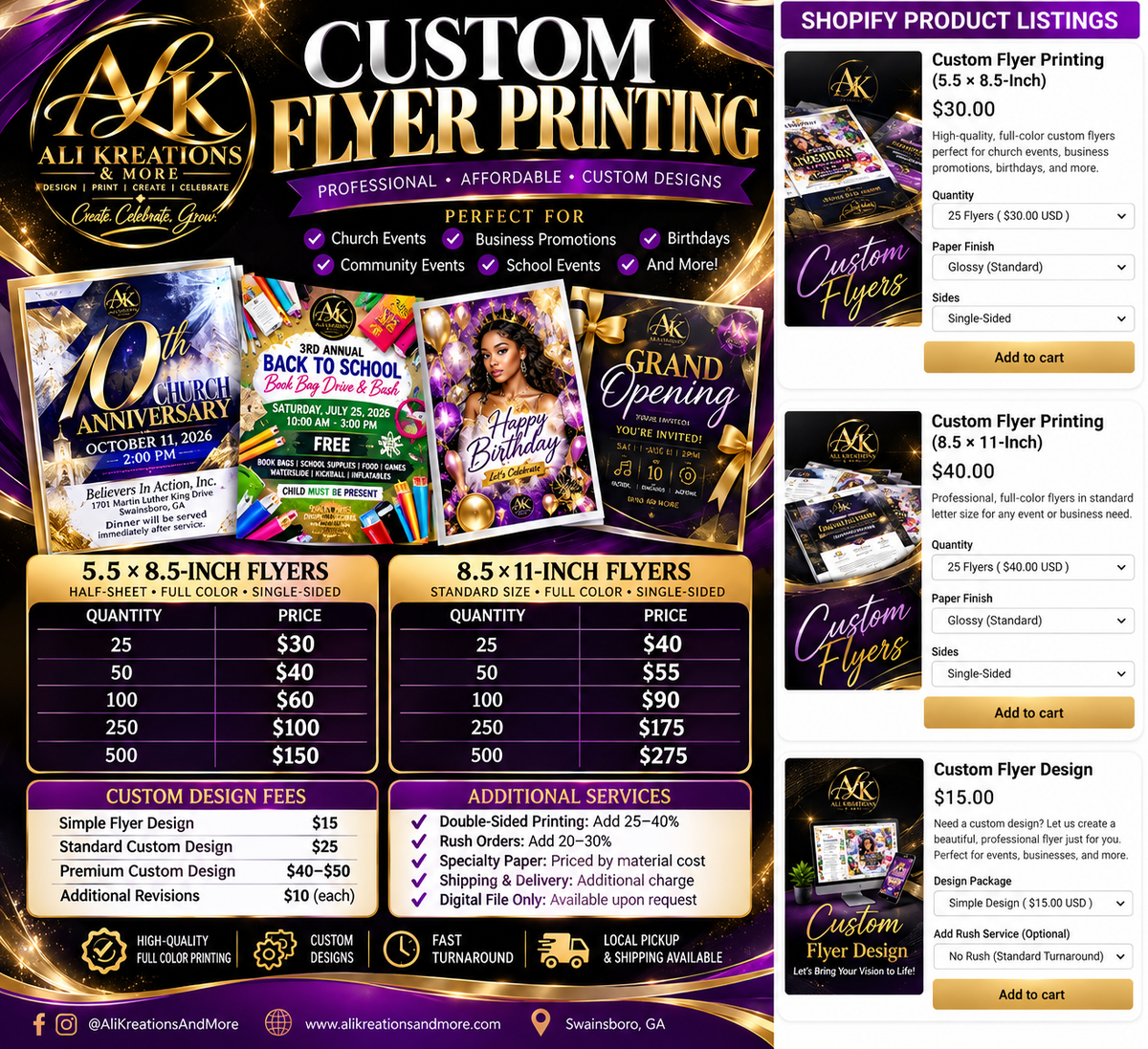 Ali Kreations & More custom flyer printing price list, black gold and purple