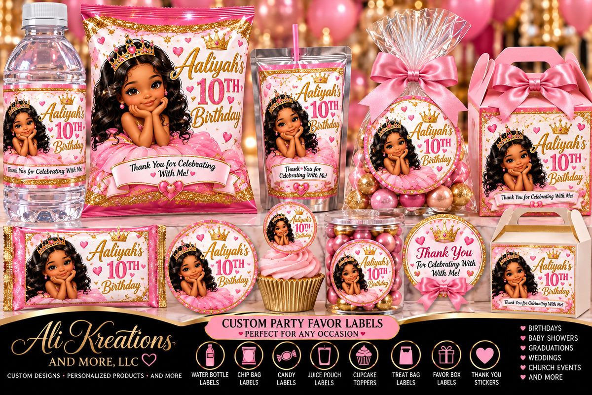 Elegant pink, gold and white custom party favor labels for kids parties